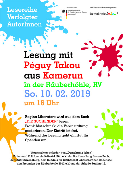 Party Flyer: Geflchteter Schriftsteller aus Afrika liest in der Ruberhhle Ravensburg am 10.02.2019 in Ravensburg