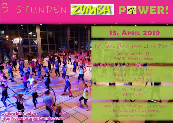 Party Flyer: Zumba-Fitness Tanzen Bodenssekreis im Saal zur Post in Oberteuringen am 13.04.2019 in Oberteuringen