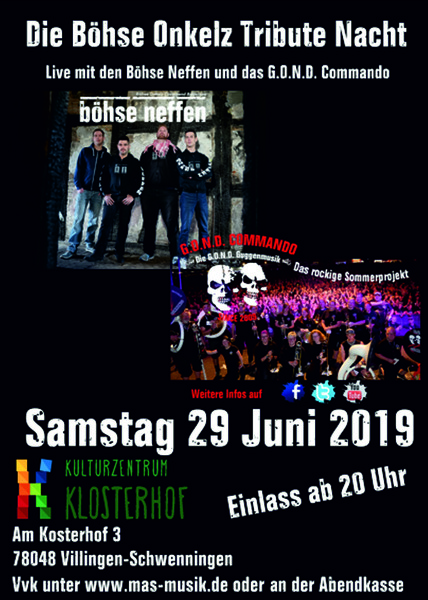 Party Flyer: Bhse Onkelz Tribute Night mit Bhse Neffen und GOND Commando am 29.06.2019 in Villingen-Schwenningen