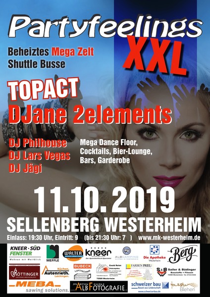 Party Flyer: PARTYFEELINGS XXL 11.10.19 Westerheim am 11.10.2019 in Westerheim