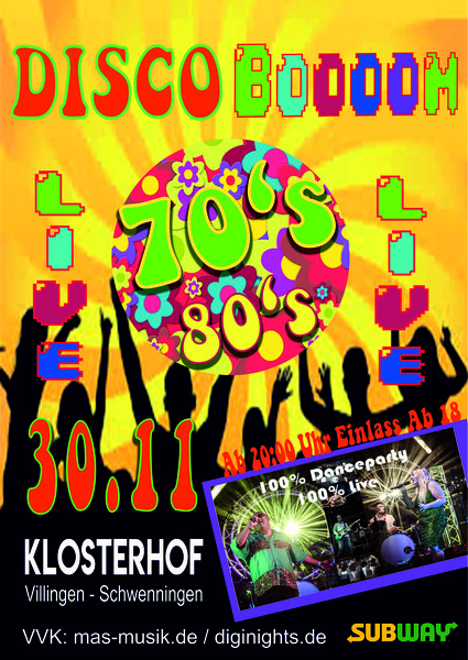 Party Flyer: DiscoBoooom 70s/80s Tributeshow 78052 Villingen-Schwenningen am 30.11.2019 in Villingen-Schwenningen