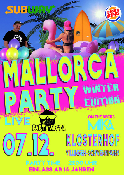 Party Flyer: Mallorca Party Villingen Schwenningen mit DJ MIKA und Partyvogel am 07.12.2019 in Villingen-Schwenningen