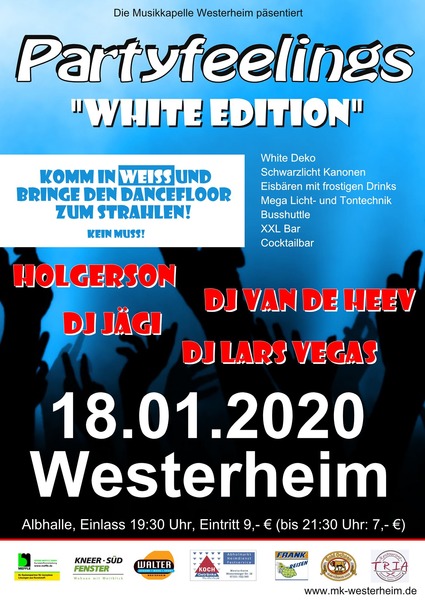 Party Flyer: Partyfeelings "WHITE EDITION" 18.01.2020  am 18.01.2020 in Westerheim