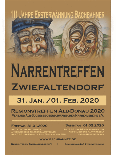 Party Flyer: Narrentreffen in Zwiefaltendorf 2020 am 31.01.2020 in Riedlingen