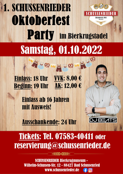 Party Flyer: 1. SCHUSSENRIEDER Oktoberfestparty im Bierkrugstadel am 01.10.2022 in Bad Schussenried
