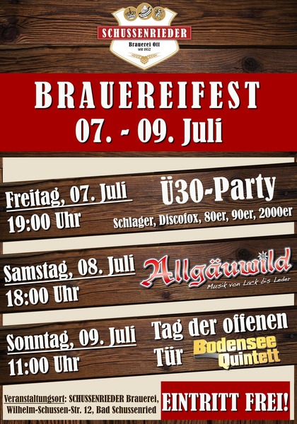 Party Flyer: Das SCHUSSENRIEDER Brauereifest vom 07. bis 09. Juli 2023 am 09.07.2023 in Bad Schussenried