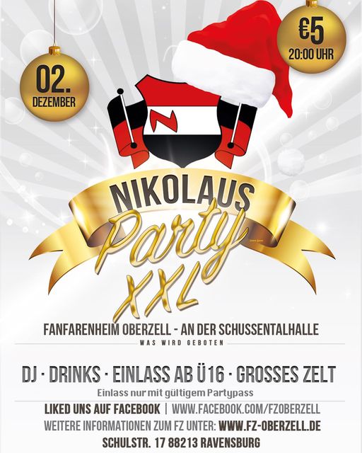 Party Flyer: Nikolausparty im Vereinsheim des Fanfarenzug Oberzell e. V. am 02.12.2023 in Ravensburg