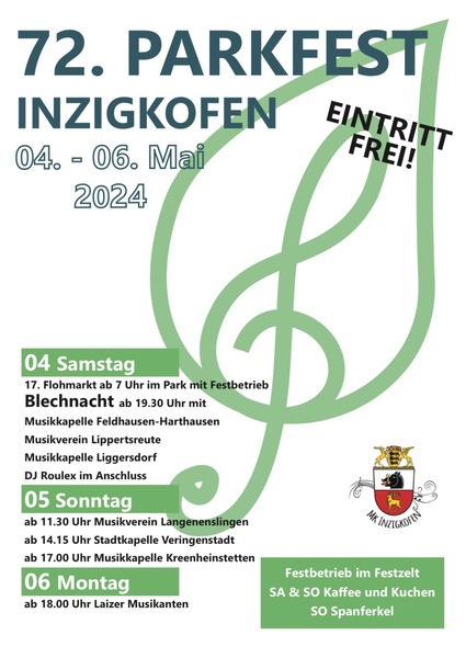 Party Flyer: 72. Parkfest mit traditioneller Blechnachtund Flohmarkt im Park am 04.05.2024 in Inzigkofen