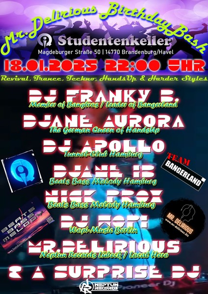 Party Flyer: Mr Delirious Bday Bash am 18.01.2025 in Brandenburg an der Havel