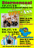 STERNENSAAL REUTE prs. LEDERHOSEN & DIRND'L PARTY mit HERZ ASS am Samstag, 17.11.2012